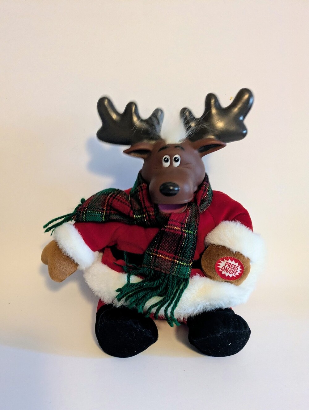 Holiday Moose Plush with Red Coat and Plaid Scarf